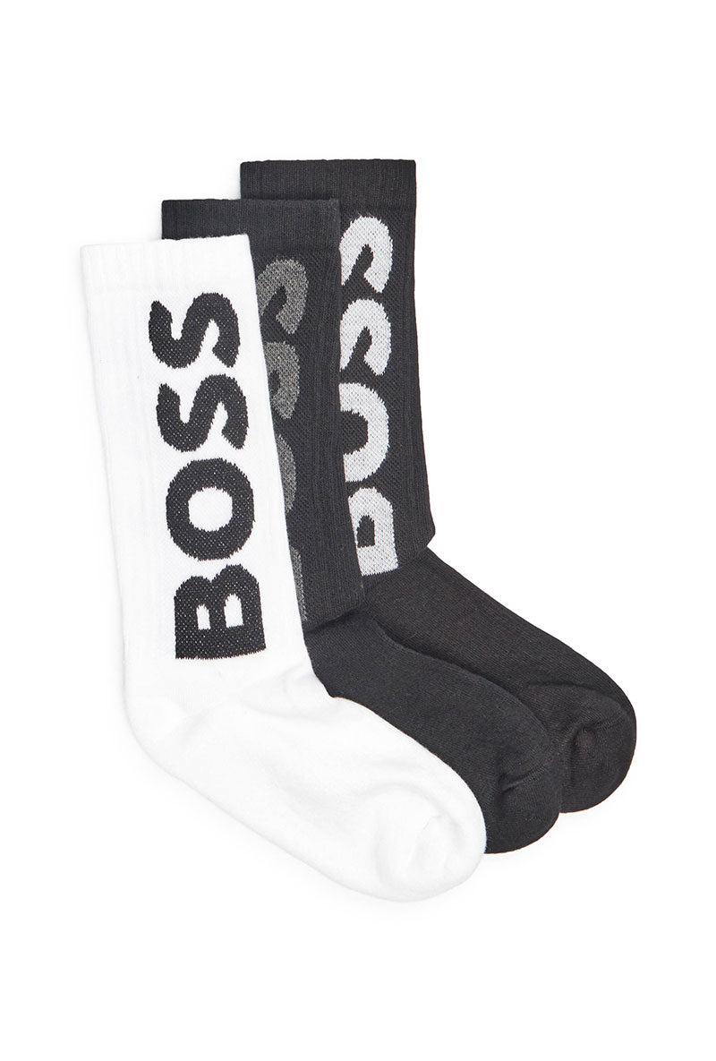 Front image of Rib logo 3 pk socks in black/white, by brand Boss