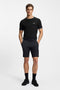 Front image of a model wearing the Taul t-shirt in black, by brand Boss
