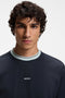 Front image of a model wearing the Te blocks tshirt in navy, by brand Boss
