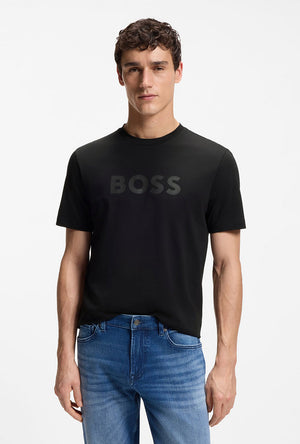 Front image of a model wearing the Tegood t-shirt in black, by brand Boss