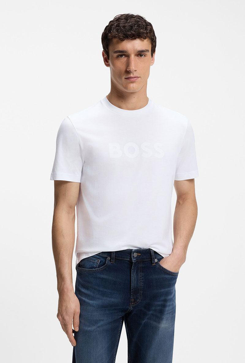 Front image of a model wearing Tegood t-shirt in white, by brand Boss