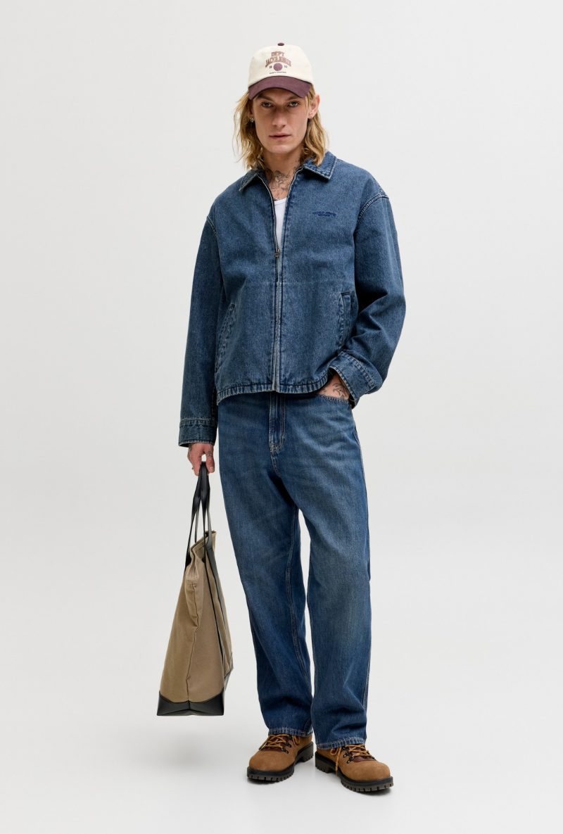 Front image of a model wearing Jack and jones alex norrebro jeans in denim, by brand Jack&jones