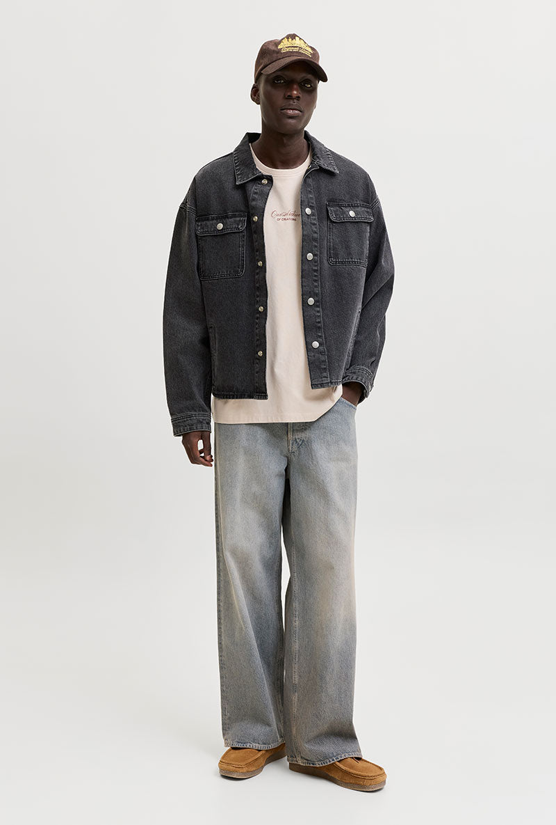 Front image of a model wearing Art print tee in beige, by brand Jack&jones