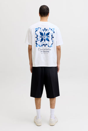 Back image of a model wearing the Art print tee in white, by brand Jack&jones