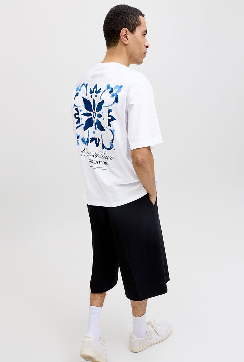 Back image of a model wearing Art print tee in white, by brand Jack&jones