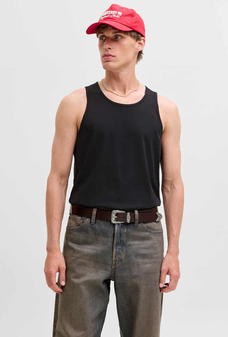 Front image of a model wearing Jack and jones basic tanktop in black, by brand Jack&jones