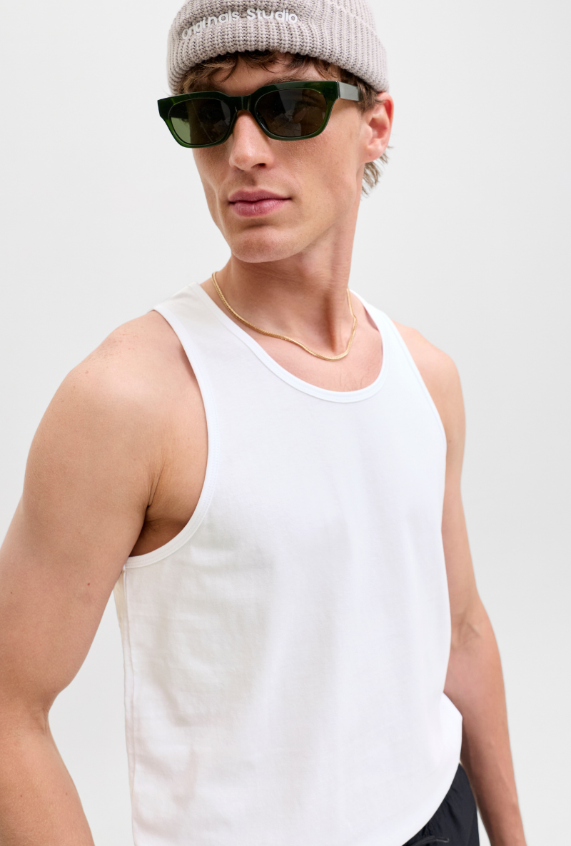 Front image of a model wearing Jack and jones basic tanktop in white, by brand Jack&jones