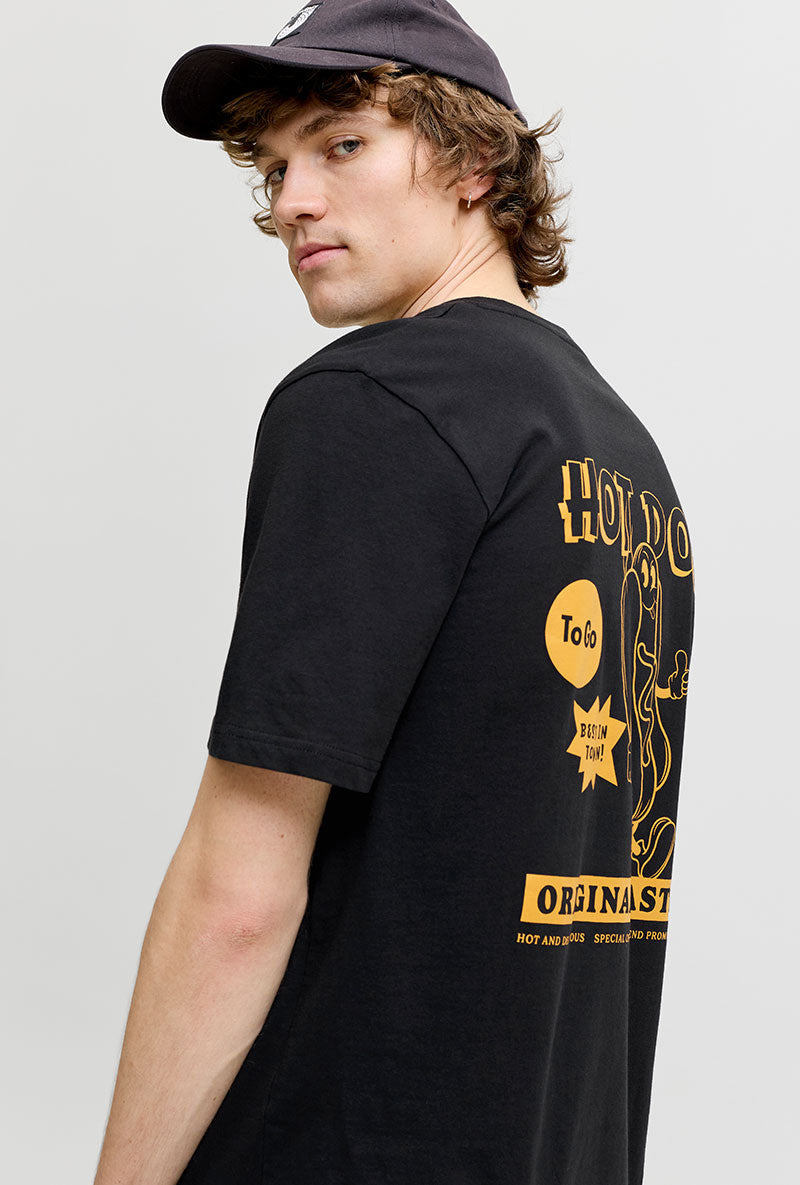Back image of a model wearing Brewy ss tee in black, by brand Jack&jones