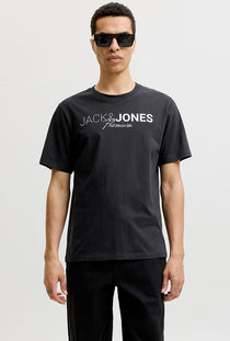 Front image of a model wearing the Blaneo ss tee in black, by brand Jack&jones