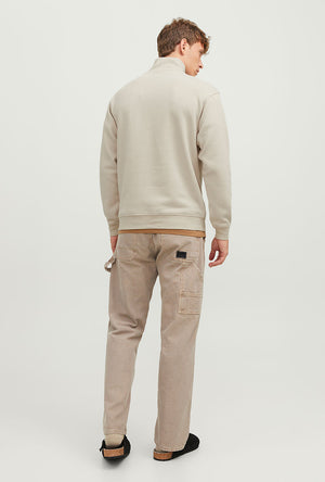 Back image of a model wearing the Bradley sweat half zip sweatshirt in beige, by brand Jack&jones