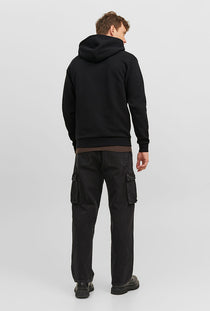 Back image of a model wearing the Bradley sweat zip hood in black, by brand Jack&jones