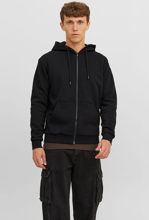 Front image of a model wearing Bradley sweat zip hood in black, by brand Jack&jones