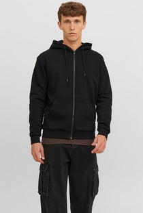 Front image of a model wearing the Bradley sweat zip hood in black, by brand Jack&jones