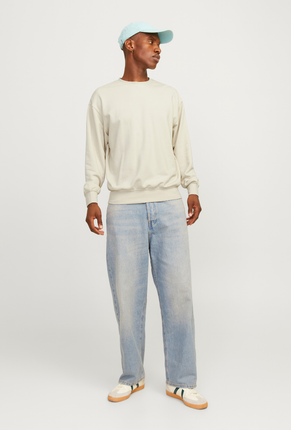 Front image of a model wearing Jack and jones charge sweatshirt in beige, by brand Jack&jones