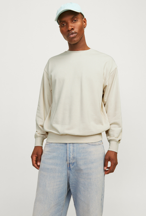 Front image of a model wearing the Jack and jones charge sweatshirt in beige, by brand Jack&jones