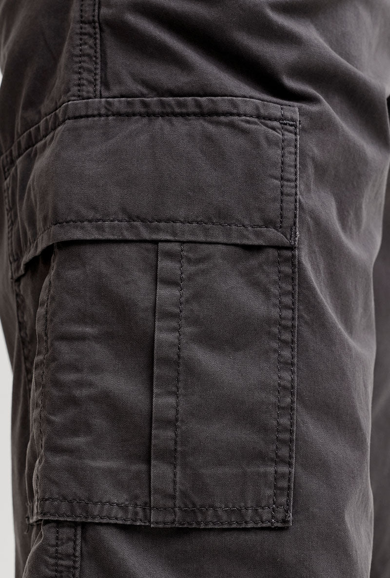 Front pocket image of Cole matty cargo shorts in charcoal, by brand Jack&jones