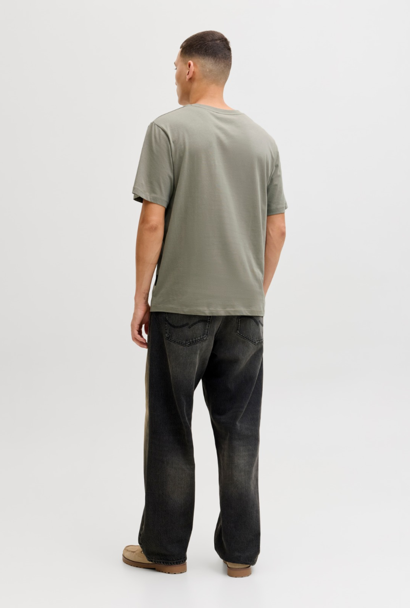 Back image of a model wearing Jack and jones daytona print tee in khaki, by brand Jack&jones