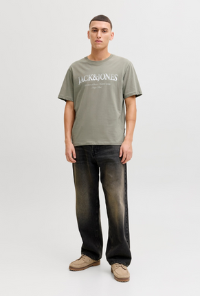 Front image of a model wearing Jack and jones daytona print tee in khaki, by brand Jack&jones