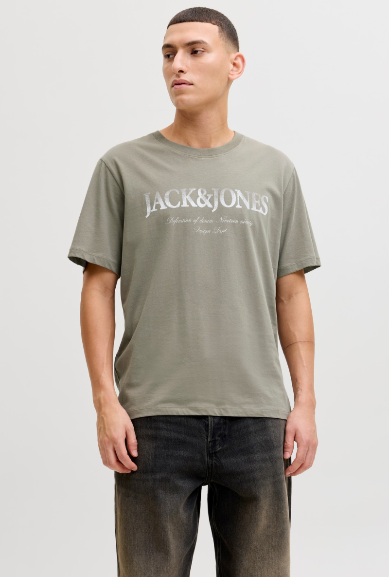 Front image of a model wearing Jack and jones daytona print tee in khaki, by brand Jack&jones