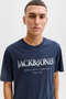 Front image of a model wearing the Jack and jones daytona print tee in navy, by brand Jack&jones