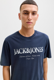 Front image of a model wearing the Jack and jones daytona print tee in navy, by brand Jack&jones