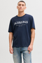 Front image of a model wearing the Jack and jones daytona print tee in navy, by brand Jack&jones