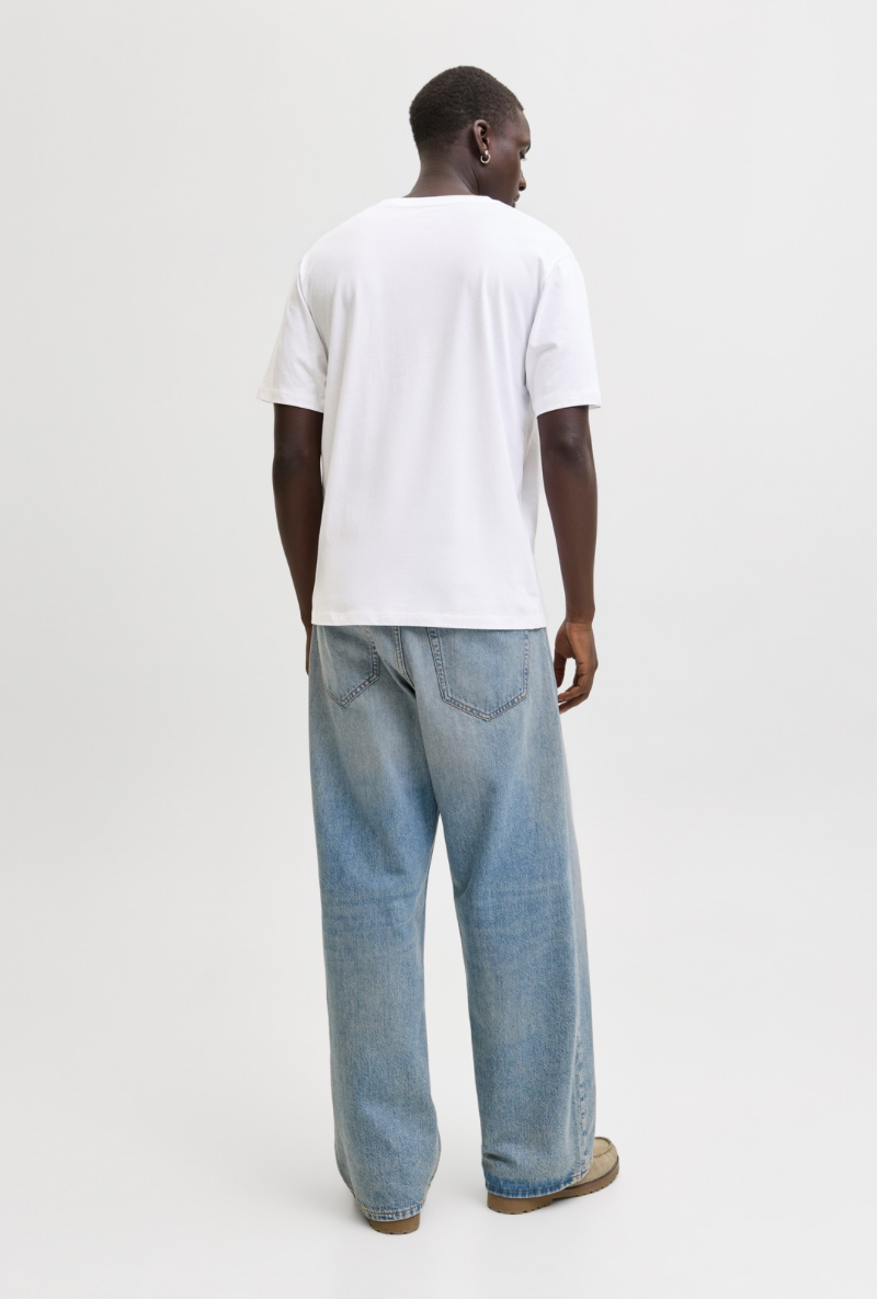 Back image of a model wearing Jack and jones daytona print tee in white, by brand Jack&jones