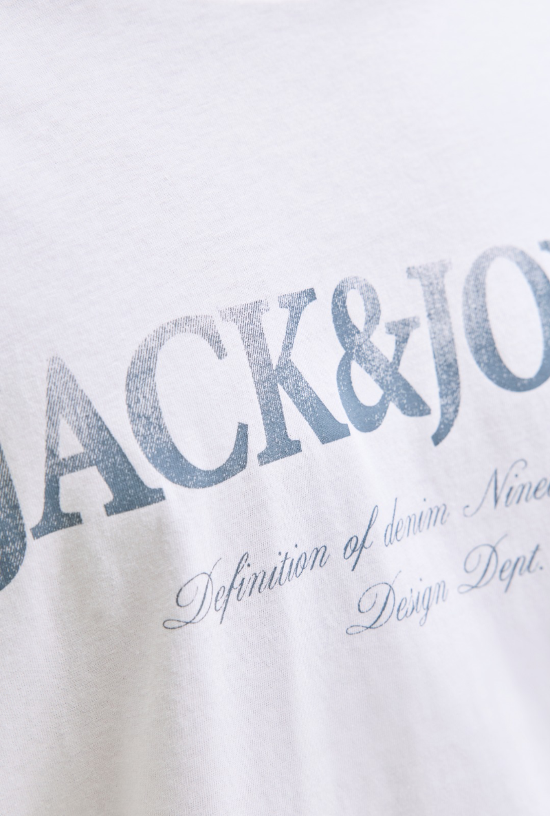 Close up image  of Jack and jones daytona print tee in white, by brand Jack&jones
