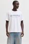 Front image of a model wearing the Jack and jones daytona print tee in white, by brand Jack&jones