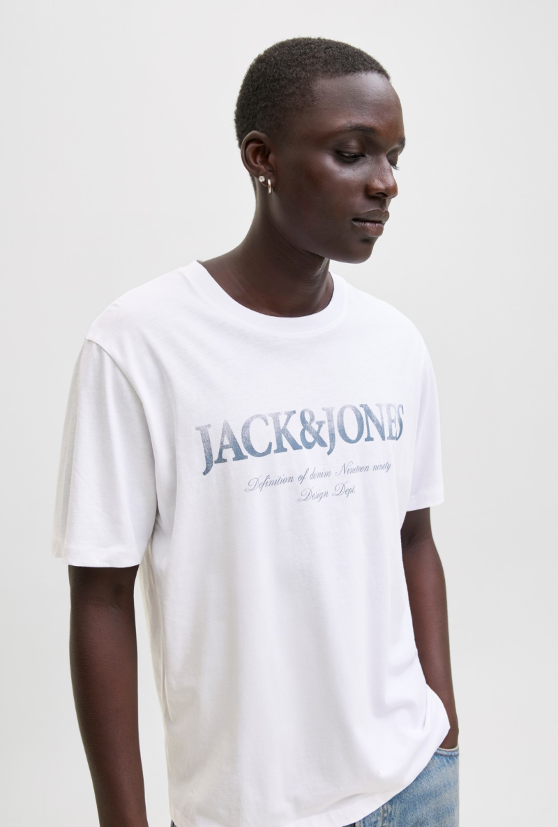 Front image of a model wearing Jack and jones daytona print tee in white, by brand Jack&jones