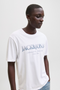 Front image of a model wearing the Jack and jones daytona print tee in white, by brand Jack&jones