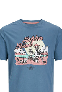 Front detail image of the Jack and jones elijah crew neck tee in blue, by brand Jack&jones