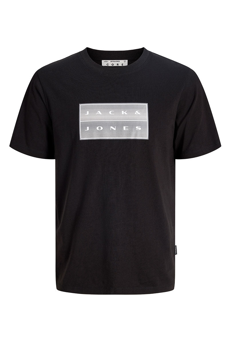 Front image of Fusion box print tee in black, by brand Jack&jones