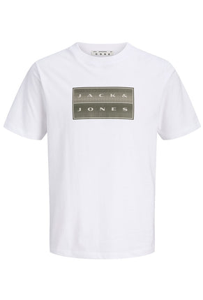 Front image of Fusion box print tee in white, by brand Jack&jones