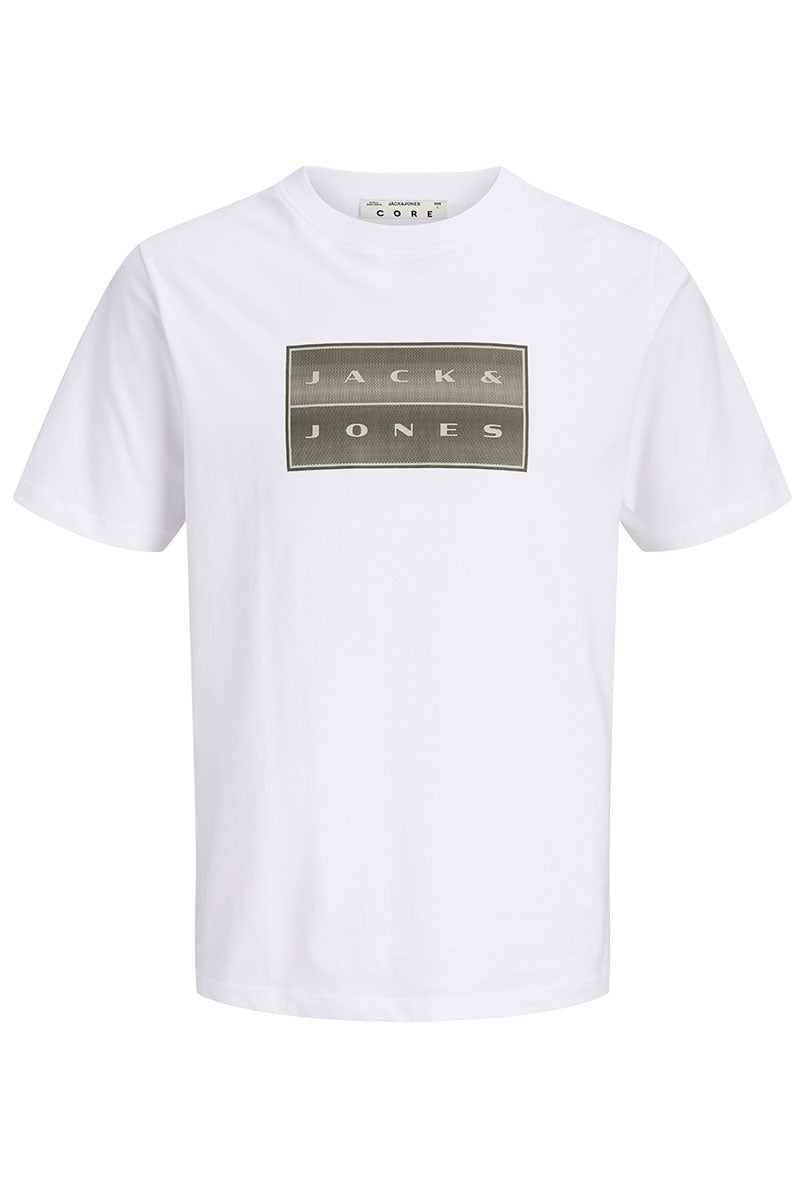 Front image of Fusion box print tee in white, by brand Jack&jones