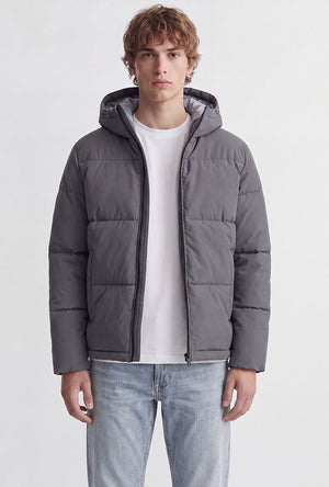Front image of a model wearing the Galaxy puffer jacket in charcoal, by brand Jack&jones