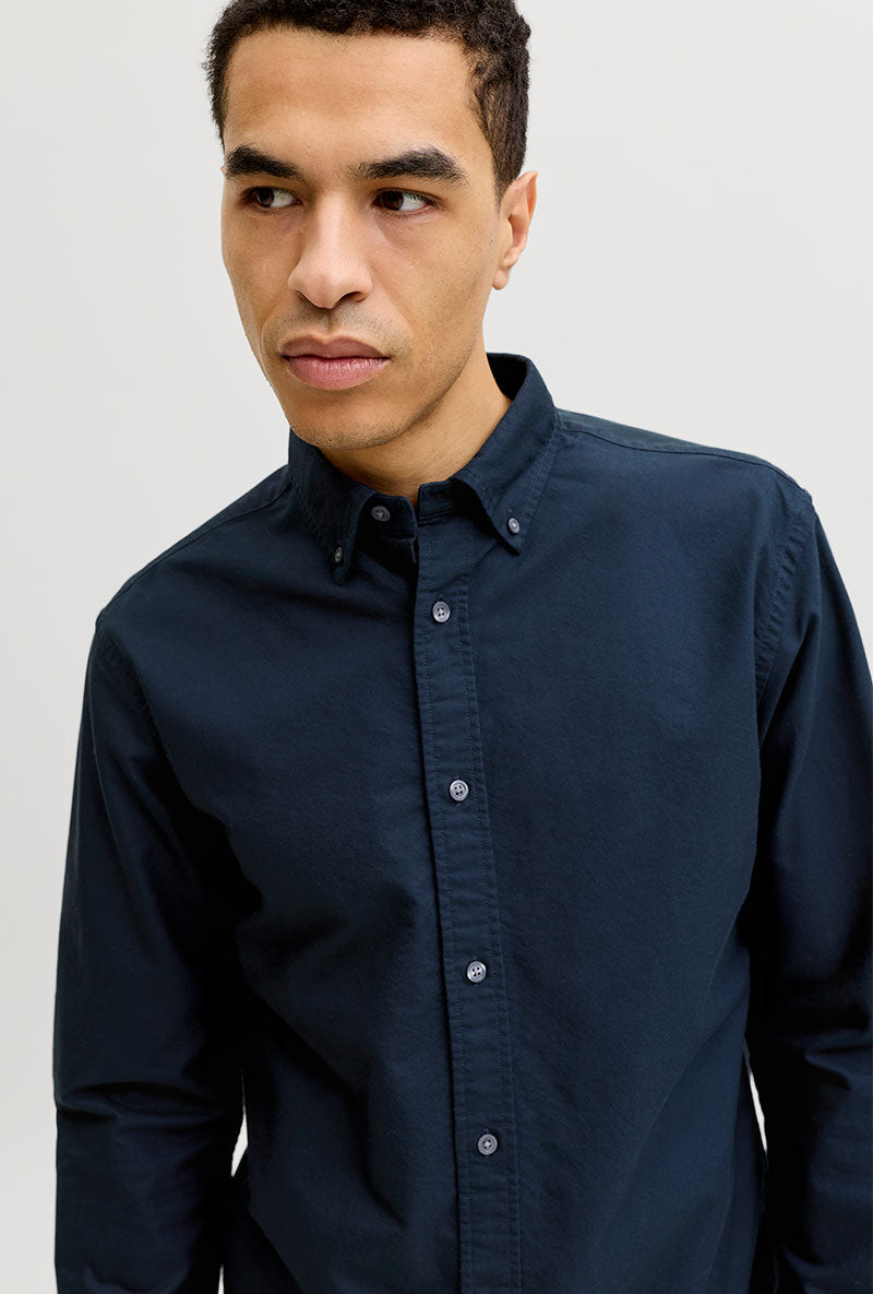 Front image of Harvey oxford ls shirt in navy, by brand Jack&jones