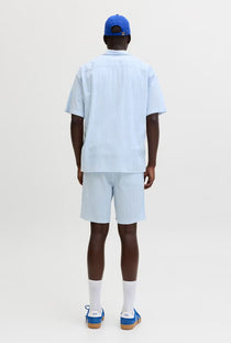 Back image of a model wearing the Jaiden milo seersucker shorts in light blue, by brand Jack&jones