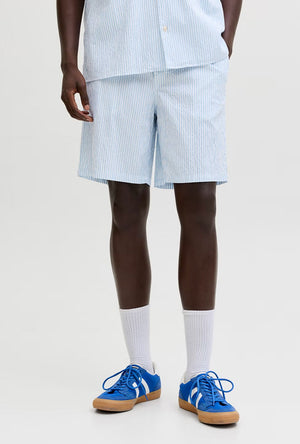 Front image of a model wearing the Jaiden milo seersucker shorts in light blue, by brand Jack&jones