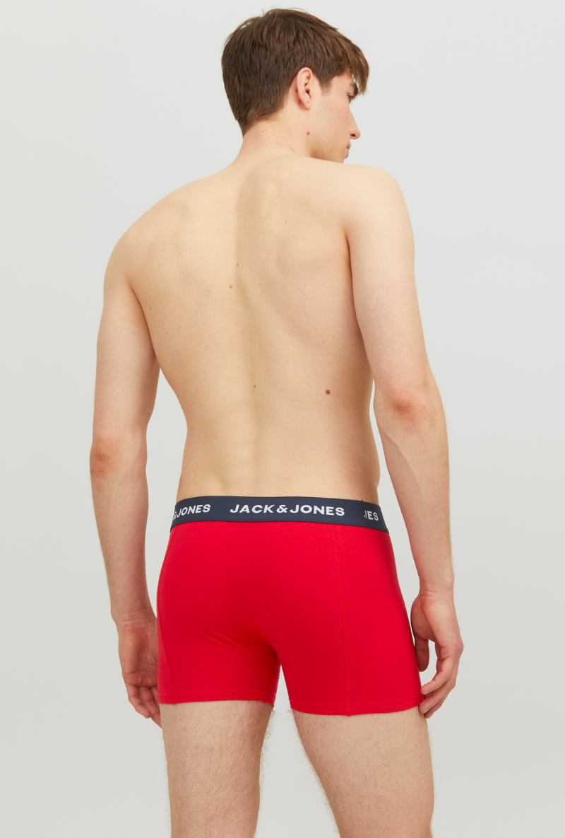 Back image of a model wearing Jack and jones james 3 pk trunks in navy, by brand Jack&jones