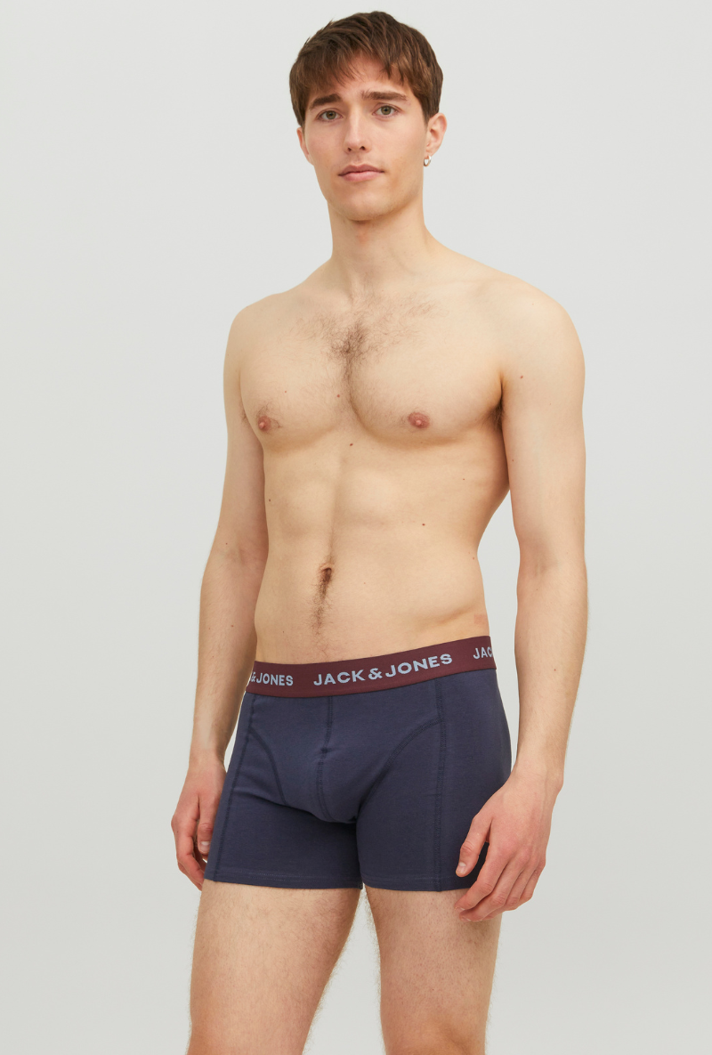 Front image of a model wearing Jack and jones james 3 pk trunks in navy, by brand Jack&jones