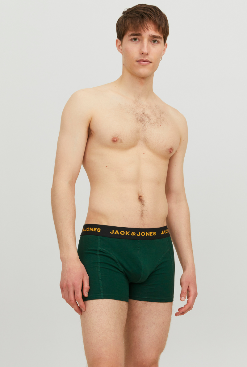 Front image of a model wearing Jack and jones james 3 pk trunks in navy, by brand Jack&jones