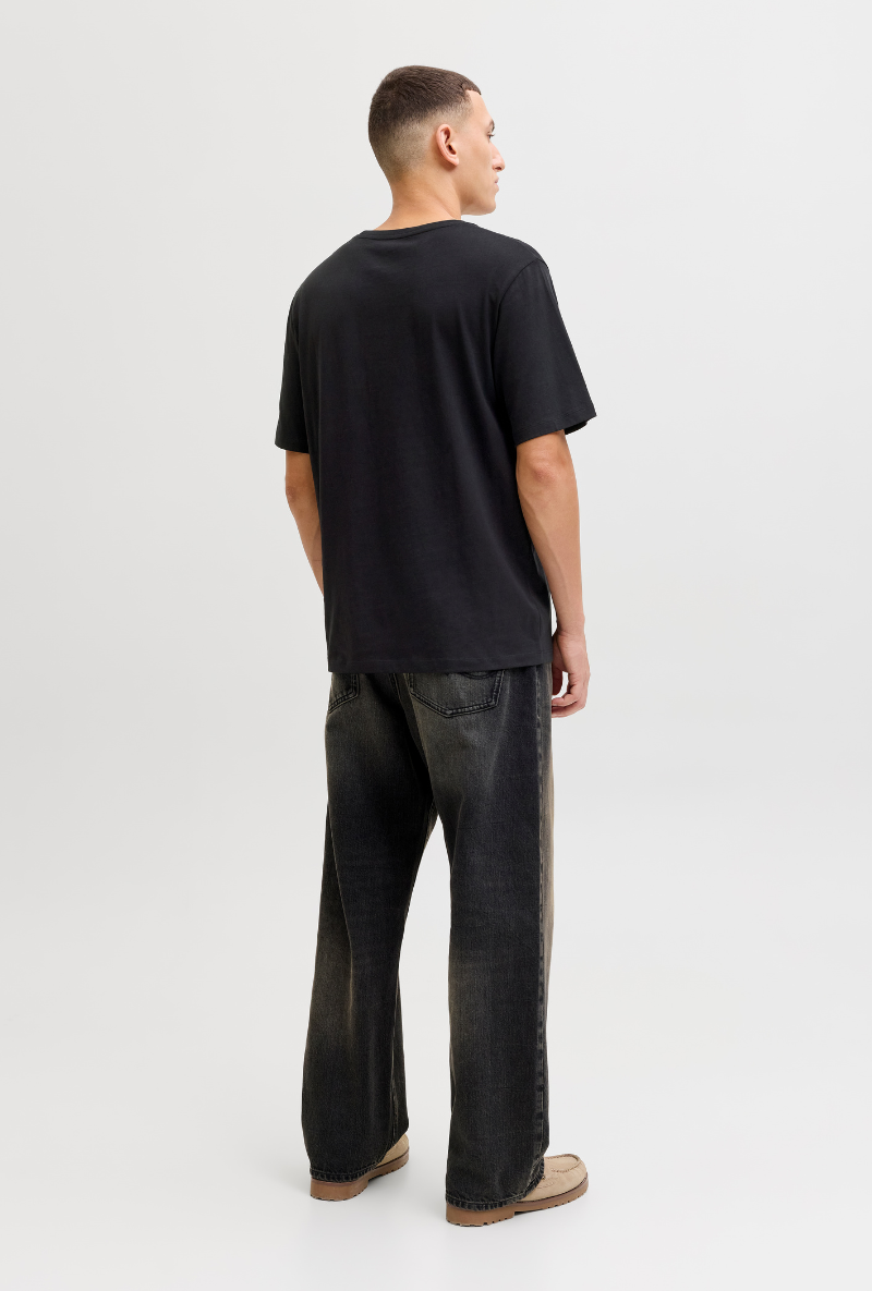 Back image of a model wearing Jack and jones jeff logo tee in black, by brand Jack&jones