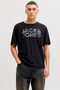 Front image of a model wearing the Jack and jones jeff logo tee in black, by brand Jack&jones