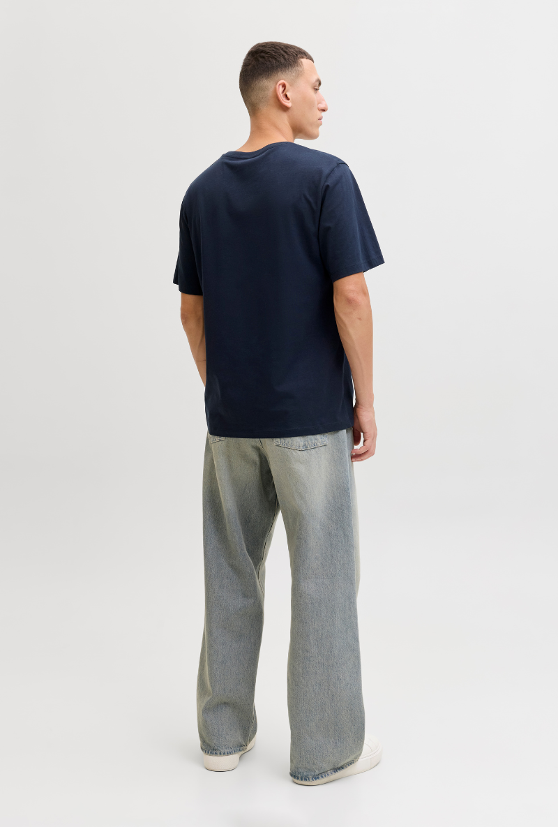 Back image of a model wearing Jack and jones jeff logo tee in navy, by brand Jack&jones