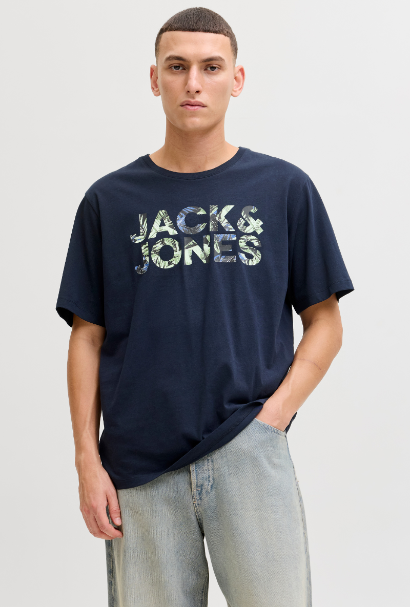 Front image of a model wearing Jack and jones jeff logo tee in navy, by brand Jack&jones