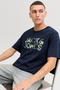 Front image of a model wearing the Jack and jones jeff logo tee in navy, by brand Jack&jones