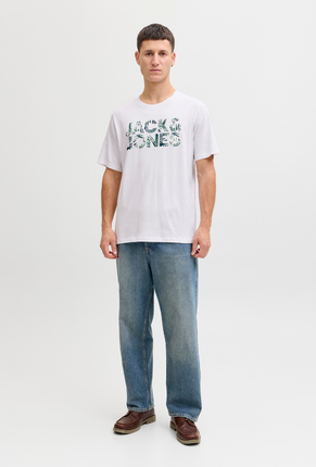 Front image of a model wearing Jack and jones jeff logo tee in white, by brand Jack&jones