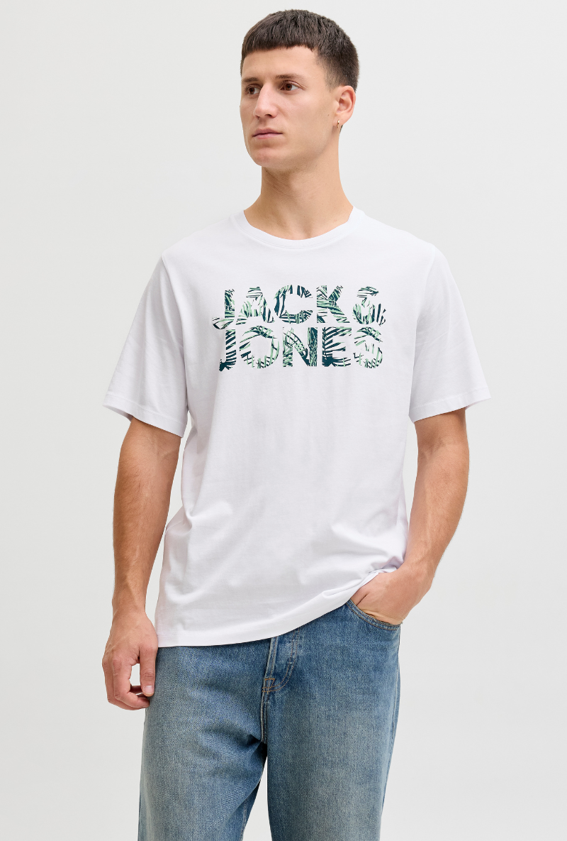 Front image of a model wearing Jack and jones jeff logo tee in white, by brand Jack&jones