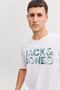 Front image of a model wearing the Jack and jones jeff logo tee in white, by brand Jack&jones